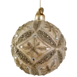 Glaskugle i beige m/champagne glitter 8 cm